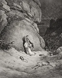 Agar et Ismaël dans le désert, illustration tirée de "La Sainte Bible" de Dore, gravée par Piaud