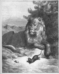 Le lion et le rat - des « Fables » de Jean de La Fontaine (Lafontaine) (1621-95) - gravure d