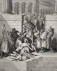 Abattage des fils de Sédécias devant leur père, II Rois 25:7, illustration tirée de 