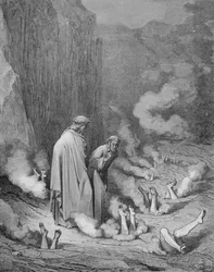 Le châtiment des Simonistes, tiré de "La Divine Comédie" (Inferno) de Dante Alighieri (1265-1321) gravé par Stéphane Pannemaker (1847-1930) vers 1868 (gravure).