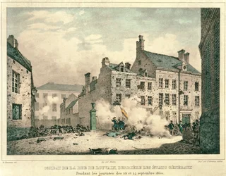 Combats dans la rue de Louvain, Bruxelles, derrière les États Généraux, 23-24 septembre 1830, gravé par Jean Baptiste Madou (1796-1877)