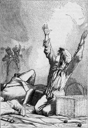 Gavroche tombe sur les barricades - dans «Les Misérables» de Victor Hugo, illustré par Brion, édition Hetzel et Lacroix
