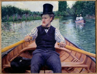 Partie du bateau. Un homme portant un haut chapeau rame dans un bateau. Peinture de Gustave Caillebotte (1848-1894)
