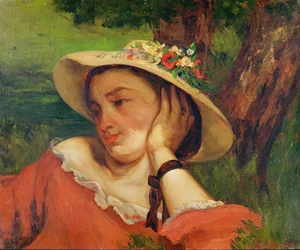 Femme au chapeau de paille avec des fleurs, c.1857