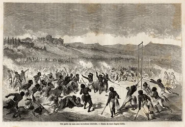 Un jeu de balle parmi les Indiens Choctaws, tribu de la région du Mississippi, dessiné par Gustave Doré (1832-1883), pour illustrer le voyage du Mississippi à l