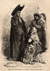 Un prêtre et une femme du peuple, vêtus de haillons ; les mendiants professionnels espagnols installés sur les parvis des églises pour exploiter habilement la charité chrétienne. Gravure pour illustrer le voyage