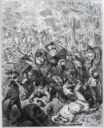 Bataille avec les muletiers - Les Yangois ont utilisé leurs bâtons - de "Don Quichotte de la Manche" par Miguel Cervantes (1547-1616) - Gravure sur bois d
