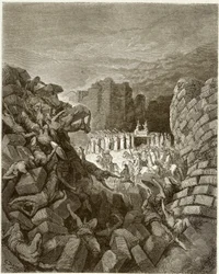 Bible : La chute des murs de Jéricho. Gravure de Gustave Dore, vers 1860.