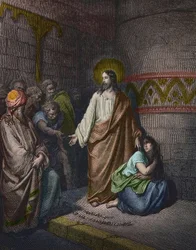 Le Christ et la femme adultère, illustration de Gustave Doré (1832-1883) - Jésus et la femme surprise en adultère - gravure de Gustave Doré - coloriage ultérieur