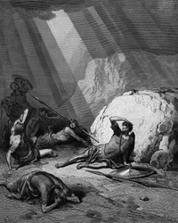 Conversion de Saint Paul sur le chemin de Damas. Actes 9. De la Bible de Gustave Doré 1865-1866. Gravure sur bois. La puissance de Dieu est représentée comme un faisceau de lumière.