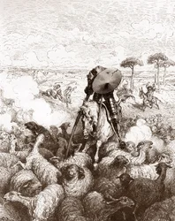 Don Quichotte attaque le troupeau de moutons. Gravure de Gustave Doré pour "L