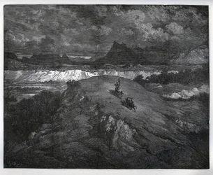 Don Quichotte et Sancho Panza continuant leurs aventures dans une région montagneuse, Sierra Morena - de "Don Quichotte de la Manche" par Miguel Cervantes (1547-1616) - Gravure sur bois d
