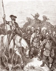 Don Quichotte et Sancho Panza interrogent les criminels conduits aux galères. Gravure de Gustave Doré pour "L