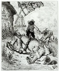 Don Quichotte et les moulins à vent, tiré de « Don Quichotte de la Manche » de Miguel Cervantes (1547-1616), gravé par Héliodore Joseph Pisan (1822-90)