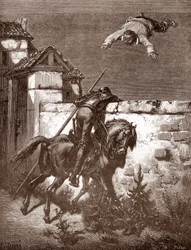 Don Quichotte ne parvient pas à arrêter les lanceurs de Sancho Panza qui le font rebondir sur une couverture, gravure de Gustave Doré pour 