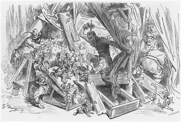 Don Quichotte combattant les marionnettes, illustration de 