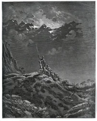 Don Quichotte part en mission pour Dorothée, accompagné de Sancho Panza, du barbier, de Dorothée, du curé et de Cardenio - de "Don Quichotte de la Manche" par Miguel Cervantes (1547-1616) - Gravure sur bois d
