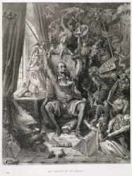Don Quichotte dans sa bibliothèque, gravé par Heliodore Joseph Pisan (1822-90) c.1868