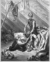 Don Quichotte fait goûter à Sancho Panza son précieux baume pour les guérir de tous les maux - de "Don Quichotte de la Manche" de Miguel Cervantes