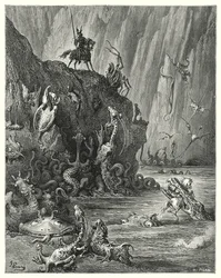 Don Quichotte de Gustave Doré : "Un vaste lac de poix bouillante, dans lequel une multitude infinie de créatures féroces et terribles traversent en arrière et en avant"