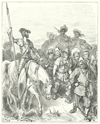 Don Quichotte de Gustave Doré: "Don Quichotte demanda au premier pour quels crimes il se trouvait dans ces circonstances misérables"