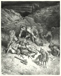 Don Quichotte de Gustave Doré : "Comment Felixmarte a coupé cinq géants par le milieu"