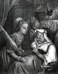 Illustration de Gustave Doré pour un conte de Charles Perrault : La Belle au bois dormant. La princesse va se piquer au fuseau d
