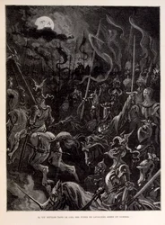 Illustration de chevaliers en bataille pendant une soirée au clair de lune