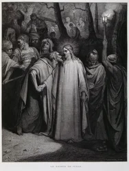 Judas trahit Jésus par un baiser ; illustration tirée de la Bible de Doré