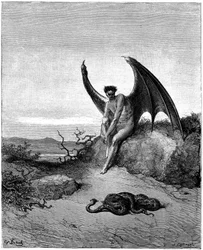 Lucifer (Satan, ange déchu, tombé du ciel sur la Terre) rencontre le serpent. Illustration de Gustave Doré pour «Le Paradis perdu» de John Milton (1608-1674). Gravure de 1866. Collection particulière