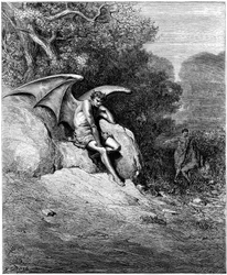Lucifer (Satan, ange déchu, tombé du ciel sur la Terre), représenté en train de corrompre Adam et Ève. Illustration de Gustave Doré pour « Le Paradis perdu » de John Milton (1608-1674). Gravure de 1866. Collection privée