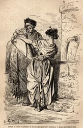 Homme et femme du peuple à la fontaine, à Carmona, village près de Séville. Croquis pris sur le vif par Gustave Doré (1832-1883). Gravure pour illustrer le voyage en Espagne, en 1862 par Charles Davillier et Gustave Doré, dans « Le tour du monde, nouveau
