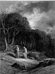 Merlin et Viviane dans la forêt de Brocéliande - dans « Viviane » par Alfred Tennyson, illustration par G. Doré