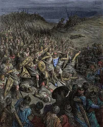 Moyen Âge : Première croisade. Godefroy de Bouillon en croisade battant les forces musulmanes (Turcs du Sultanat de Roum) du sultan Kilij Arslan à Dorylée (Dorylaeum, Dorylaion) en Asie Mineure