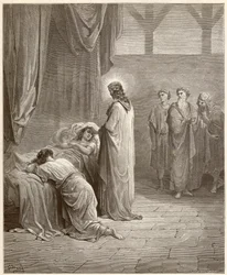 Miracle : Jésus-Christ guérit la fille de Jaïre. Gravure de la Bible illustrée par Gustave Doré (1832-1883)