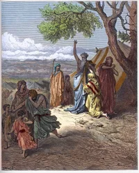 Noé chasse Ham - Noé maudit Ham - La malédiction de Cham - Le patriarche Noé maudit son petit-fils Canaan pour une faute commise par son père Cham sur le mont Ararat - gravure dans « The Bible Illustrée » de Gustave Doré (1832-1883) - gravure tirée de «