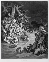 Noé et son arche échappent au grand déluge qui enveloppe la terre, Illustration de la Bible de Doré