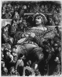 Pantagruel teste ses esprits contre les scientifiques parisiens - illustration de « Gargantua et Pantagruel » par François Rabelais - gravure de Gustave Doré (1832-1883)