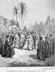 Réconciliation de Jacob et Ésaü. Genèse, XXXIII, 4. Illustration de Gustave Doré.