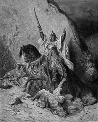 Saladin (1138-1193) (Salah al Din Yusuf al-Ayyubi (al Ayyubi)) à la tête de ses troupes contre les croisés - gravure de Gustave Doré