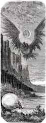 Sindbad le marin - conte des mille et une nuits - illustration de Gustave Doré - édition Maxwell 1865 - Deuxième voyage : Sindbad ayant découvert sur une île un énorme œuf de l
