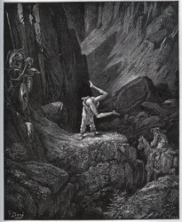 La pénitence acrobatique de Don Quichotte dans la Sierra Morena - de "Don Quichotte de la Manche" par Miguel Cervantes - Gravure sur bois d