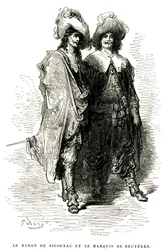 Le Baron de Sigognac et le Marquis de Bruyères. Gravure par Gustave Doré illustrant le roman de Théophile Gautier "Le capitaine Fracasse", édition Charpentier 1863.