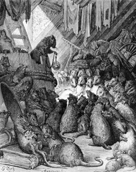 Le Conseil tenu par les rats, tiré des Fables de La Fontaine, gravé par Antoine Valérie Bertrand (né en 1823), vers 1868