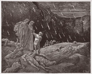 La Divine Comédie (La Divina Commedia, La Divine Comédie), Enfer, chant 15 : Brunetto Latini aborde Dante - de Dante Alighieri (1265-1321) - illustration de Gustave Doré (1832-1883)