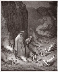La Divine Comédie, Enfer, Chant 19 : Dante réprimande le pape Nicolas III dans la quatrième bolgia - par Dante Alighieri (1265-1321) - Illustration de Gustave Doré (1832-1883)