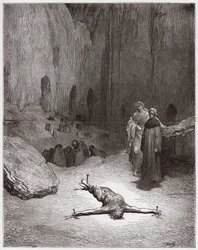 La Divine Comédie, Enfer, Chant 23 : Un pharisien crucifié parmi les hypocrites (Illustration de Gustave Doré)