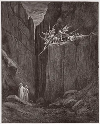 La Divine Comédie, Enfer, Chant 23 : Les poètes échappent aux démons de la cinquième bolgia (Illustration de Gustave Doré)