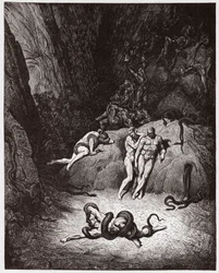 La Divine Comédie, Inferno, Chant 25 : Agnello se transformant en serpent - par Dante Alighieri (1265-1321) - Illustration de Gustave Doré (1832-1883).