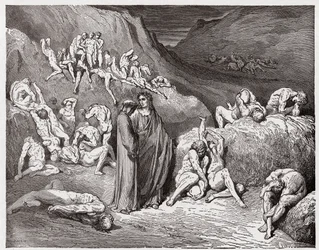 La Divine Comédie (La Divina Commedia, La Divine Comédie), Enfer, Chant 29 : Les faussaires et contrefacteurs tourmentés par les démangeaisons - de Dante Alighieri (1265-1321) - Illustration de Gustave Doré (1832-1883)